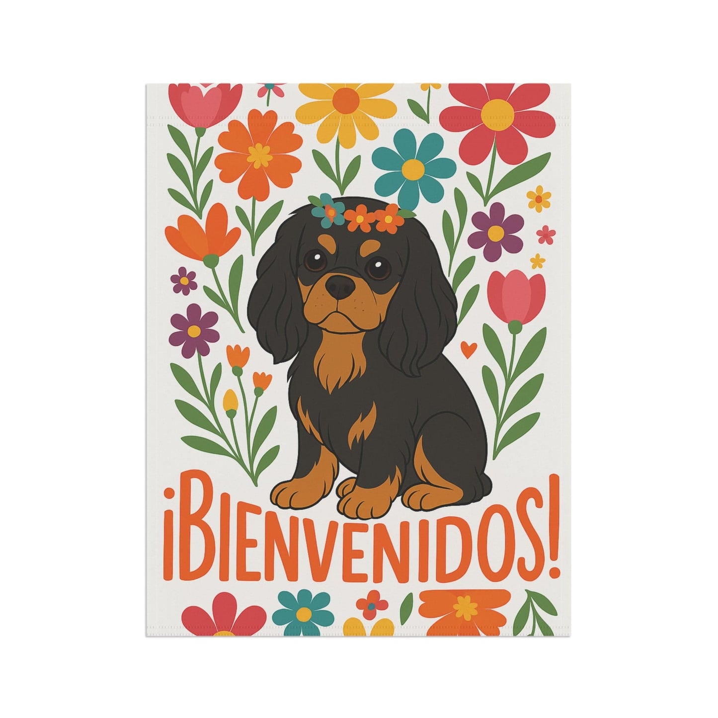 Printify Garden Flag Black and Tan King Charles Bienvenidos Garden Flag