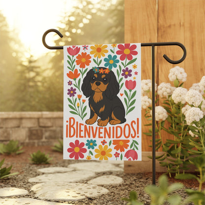 Printify Garden Flag Black and Tan King Charles Bienvenidos Garden Flag