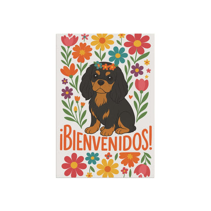 Printify Garden Flag Black and Tan King Charles Bienvenidos Garden Flag
