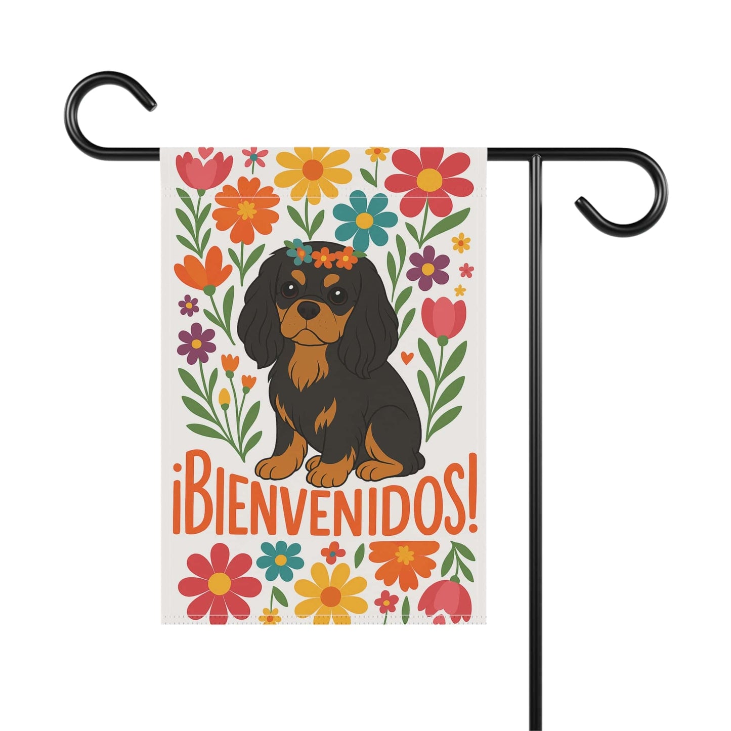 Printify Garden Flag Black and Tan King Charles Bienvenidos Garden Flag