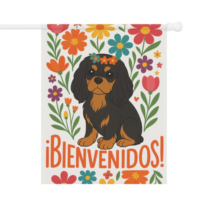 Printify Garden Flag Black and Tan King Charles Bienvenidos Garden Flag