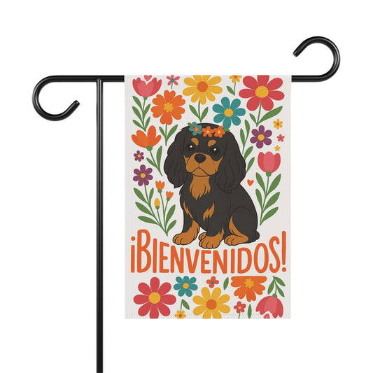 Printify Garden Flag Black and Tan King Charles Bienvenidos Garden Flag
