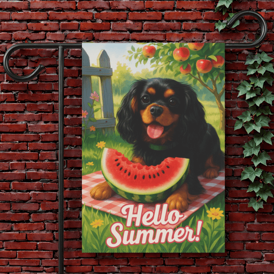 Printify Garden Flag 12'' × 18'' Black and Tan King Charles Cavalier Watermelon Garden Flag