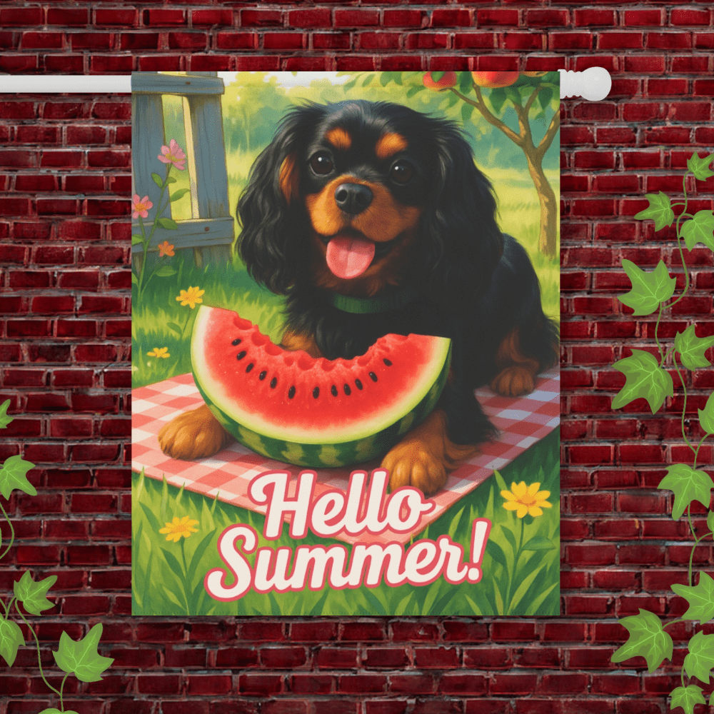 Printify Garden Flag 24.5'' × 32'' Black and Tan King Charles Cavalier Watermelon Garden Flag