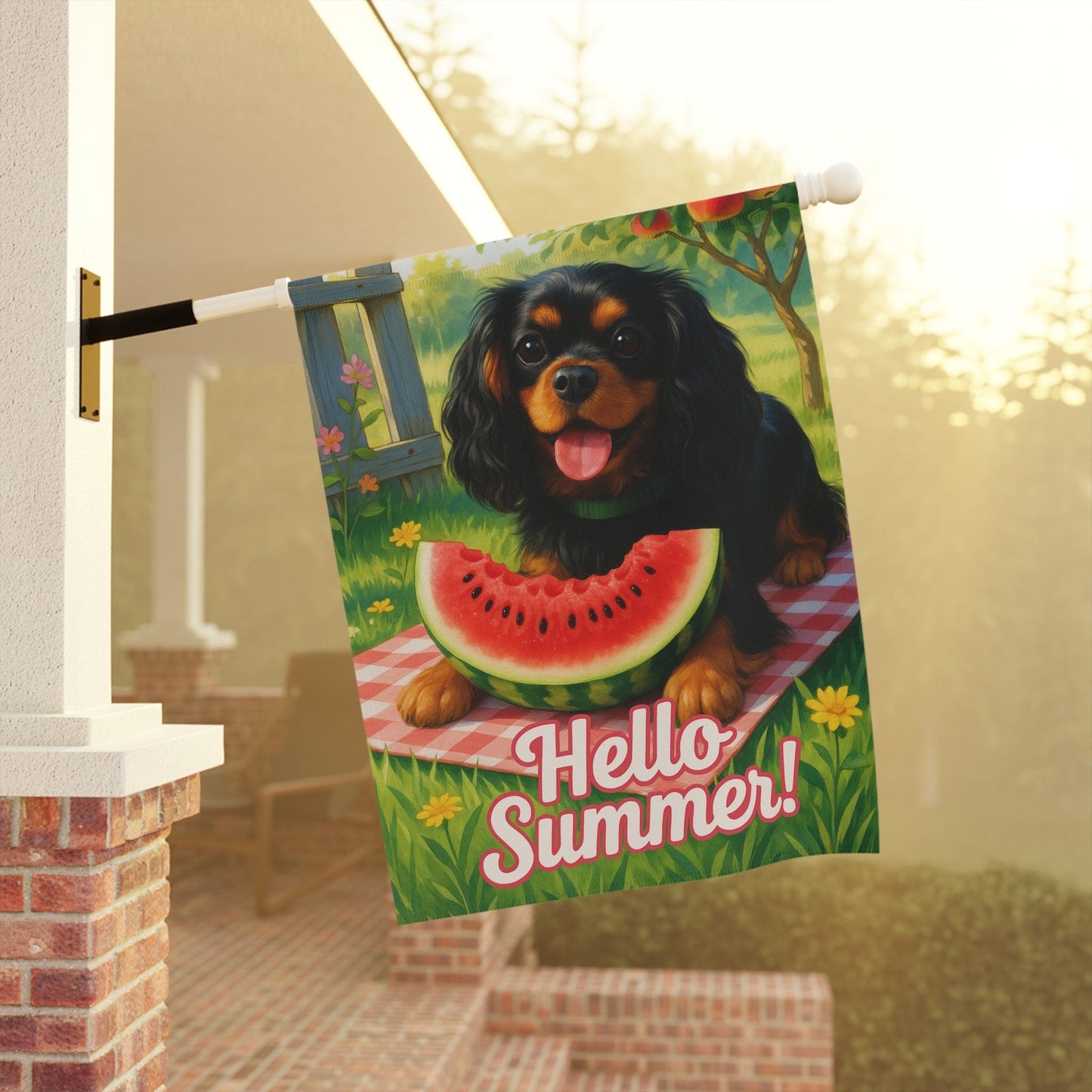 Printify Garden Flag Black and Tan King Charles Cavalier Watermelon Garden Flag