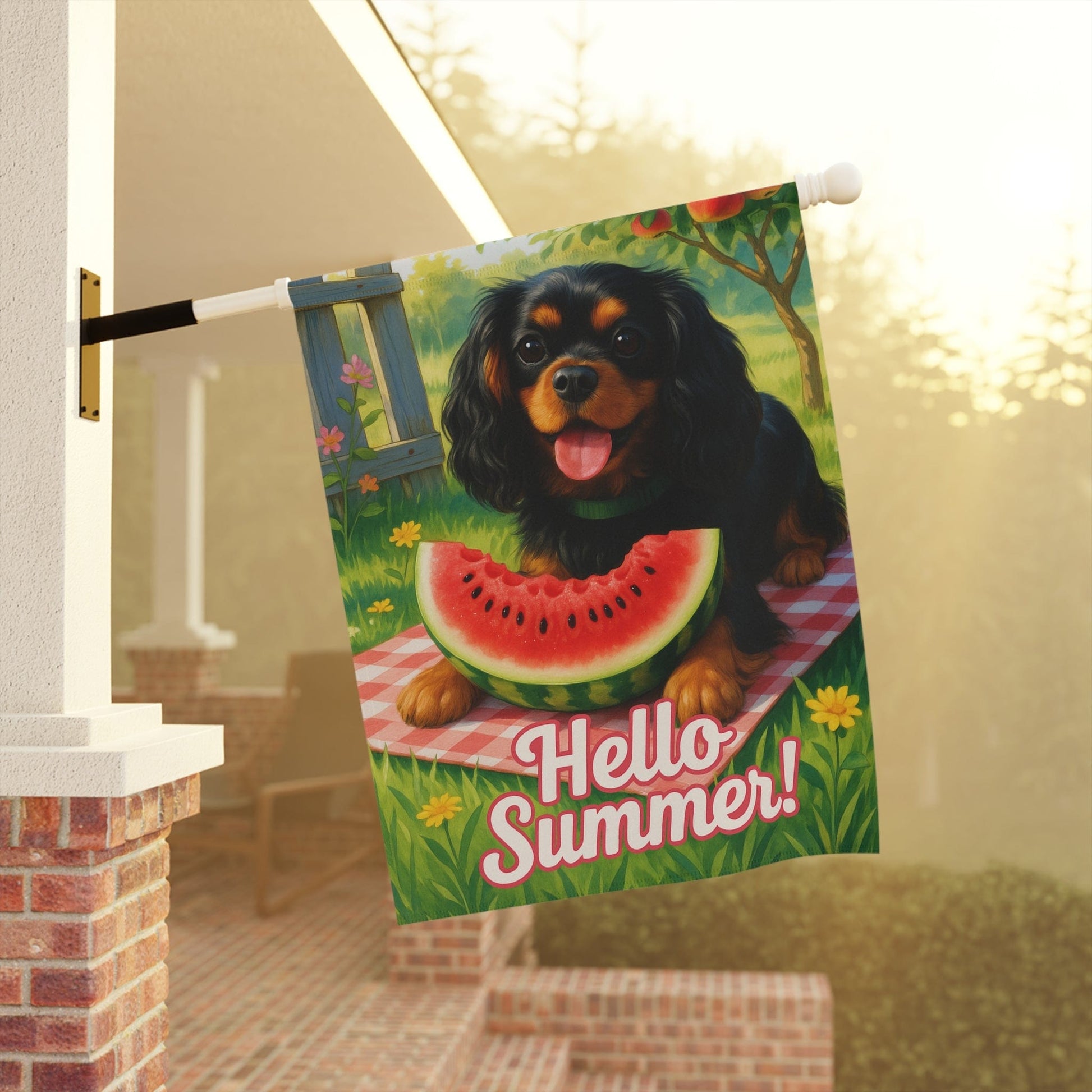 Printify Garden Flag Black and Tan King Charles Cavalier Watermelon Garden Flag