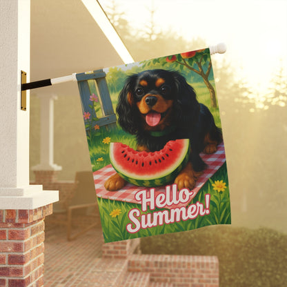 Printify Garden Flag Black and Tan King Charles Cavalier Watermelon Garden Flag