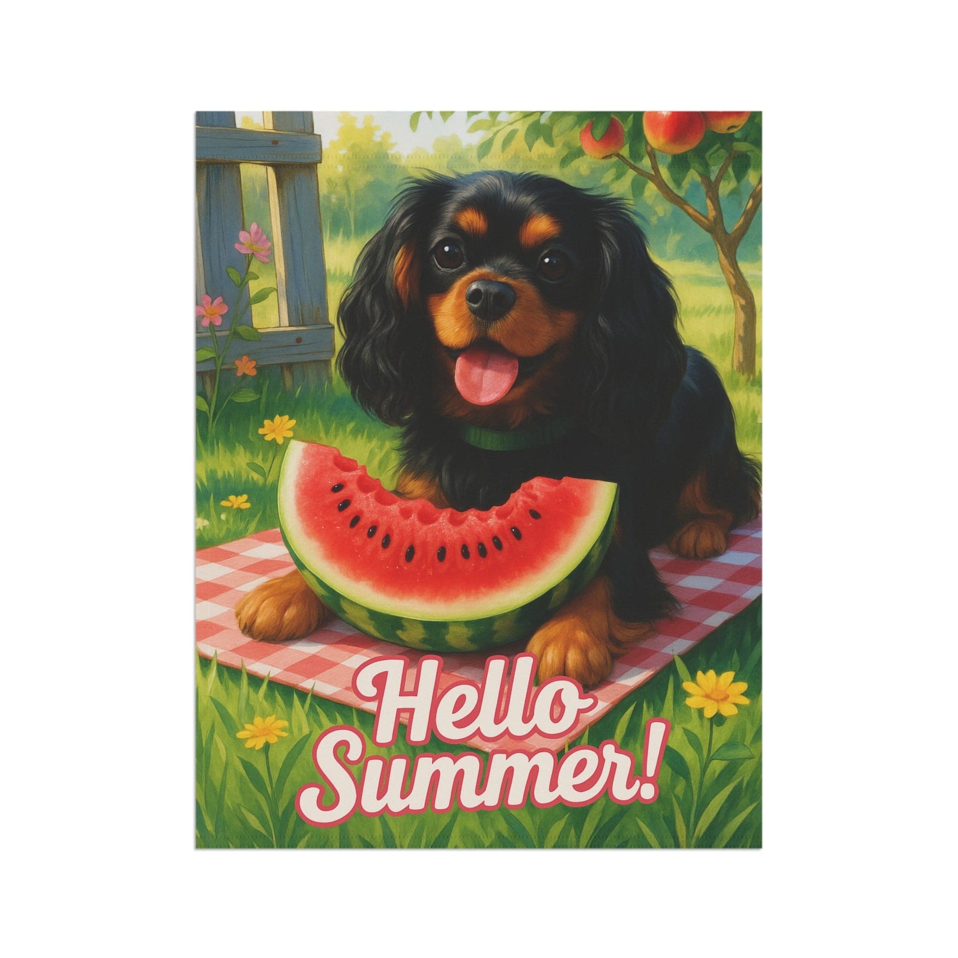 Printify Garden Flag Black and Tan King Charles Cavalier Watermelon Garden Flag