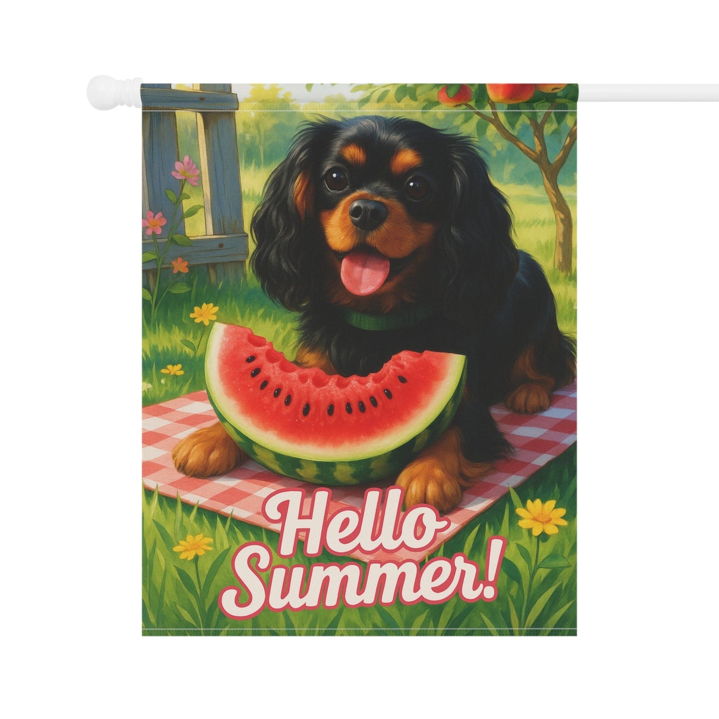 Printify Garden Flag Black and Tan King Charles Cavalier Watermelon Garden Flag