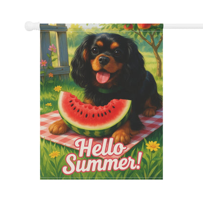 Printify Garden Flag Black and Tan King Charles Cavalier Watermelon Garden Flag