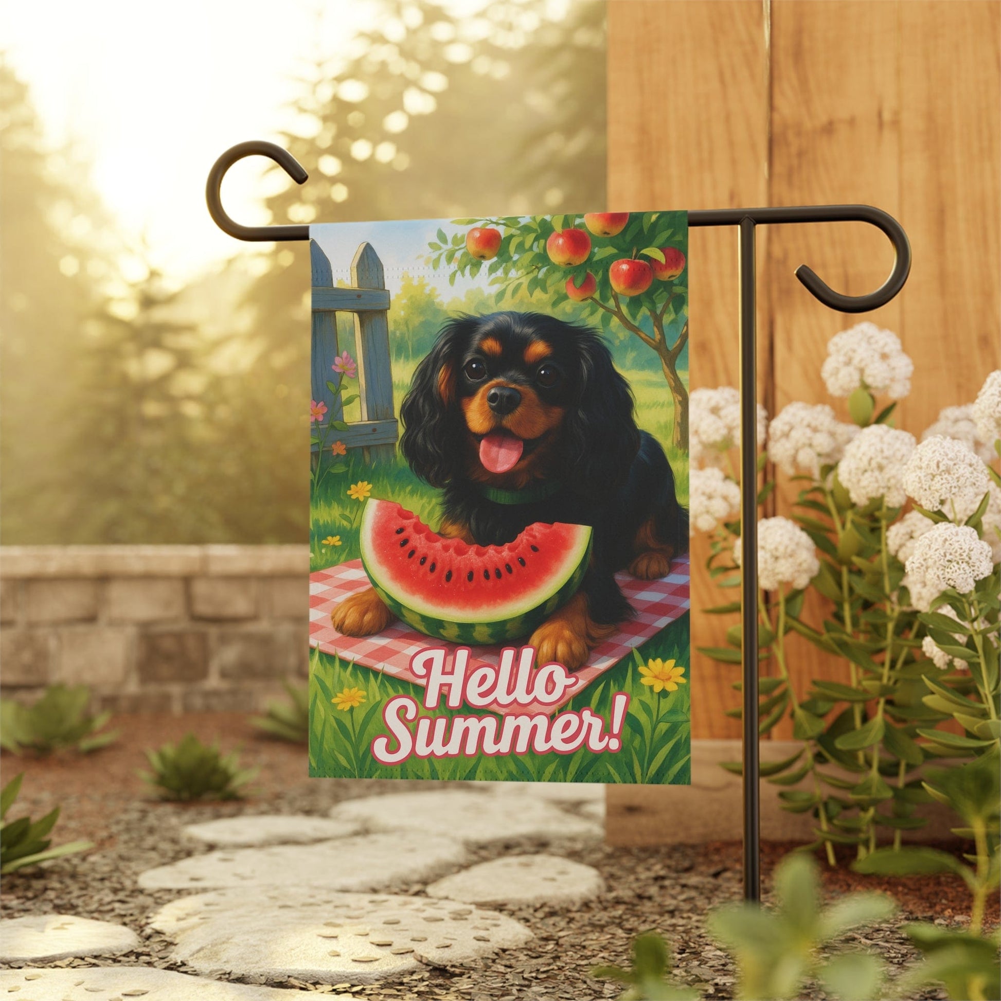 Printify Garden Flag Black and Tan King Charles Cavalier Watermelon Garden Flag