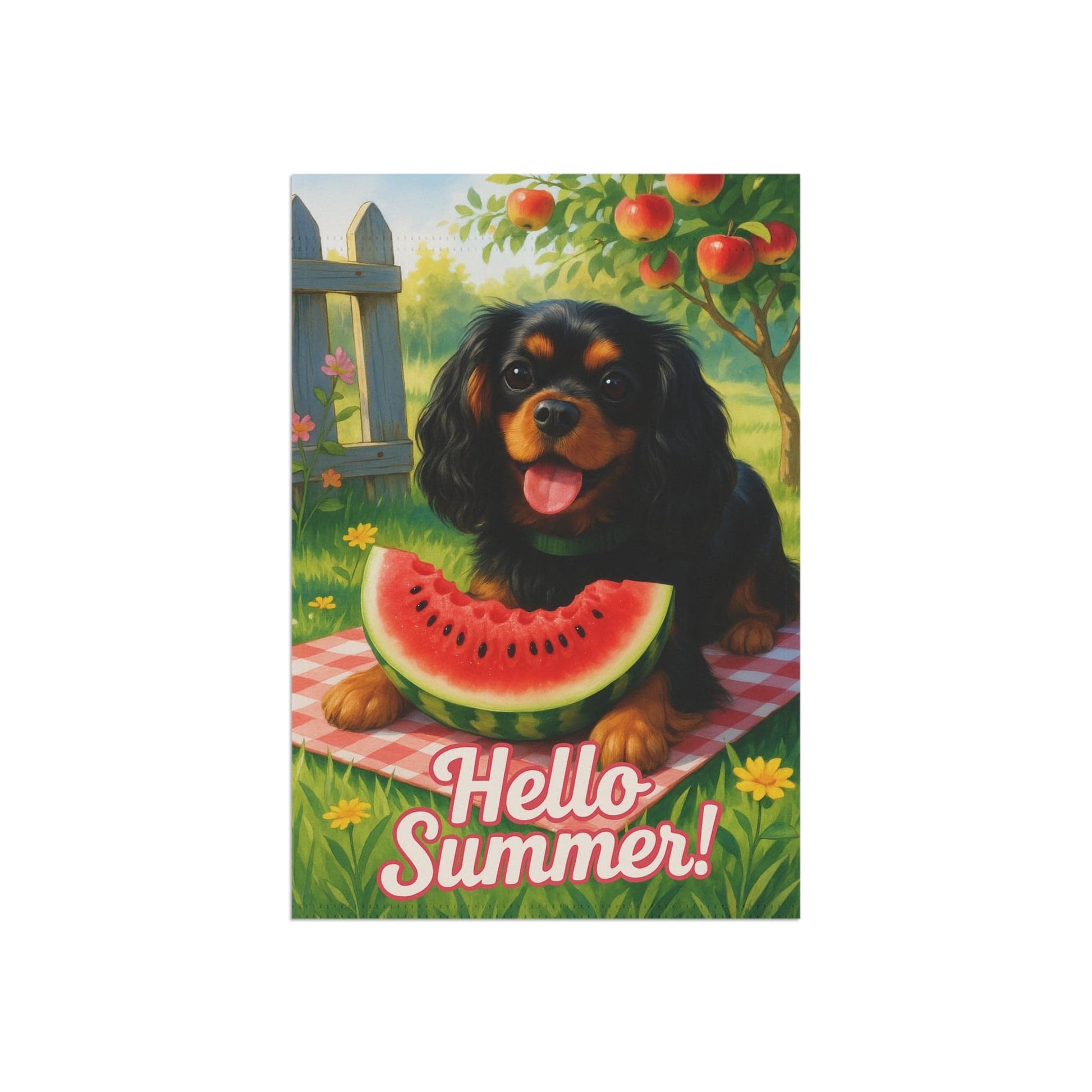 Printify Garden Flag Black and Tan King Charles Cavalier Watermelon Garden Flag
