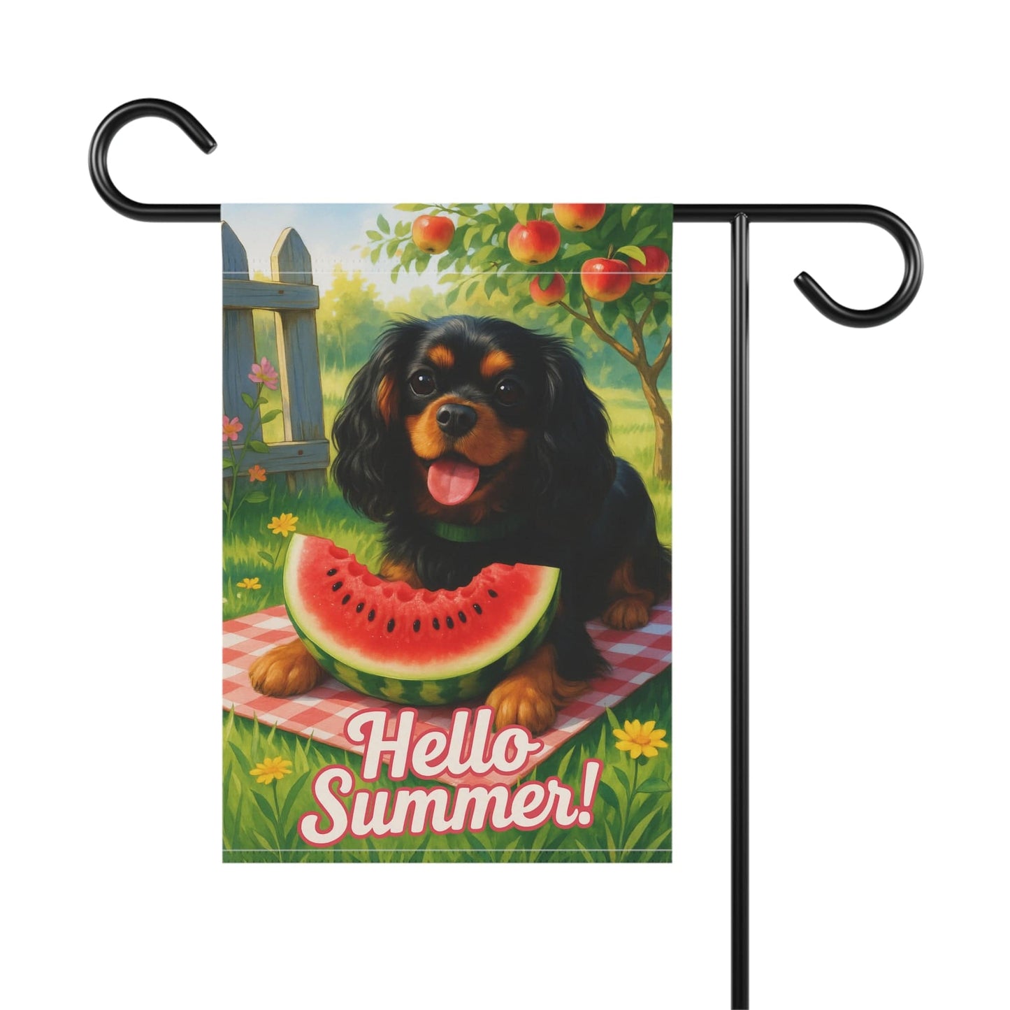 Printify Garden Flag Black and Tan King Charles Cavalier Watermelon Garden Flag