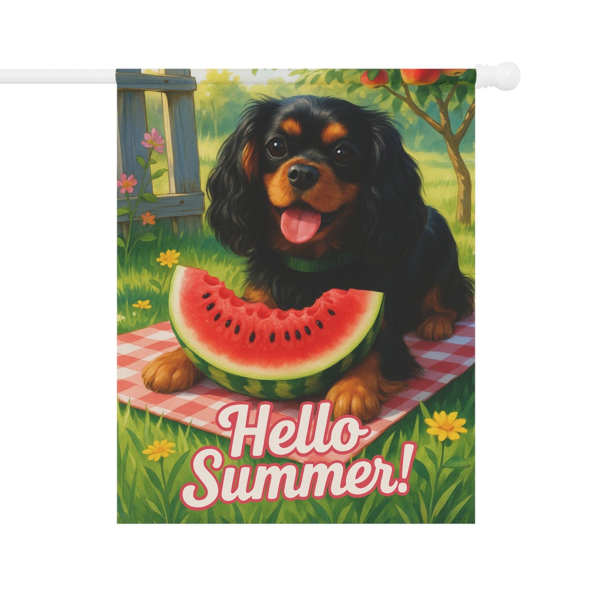 Printify Garden Flag Black and Tan King Charles Cavalier Watermelon Garden Flag