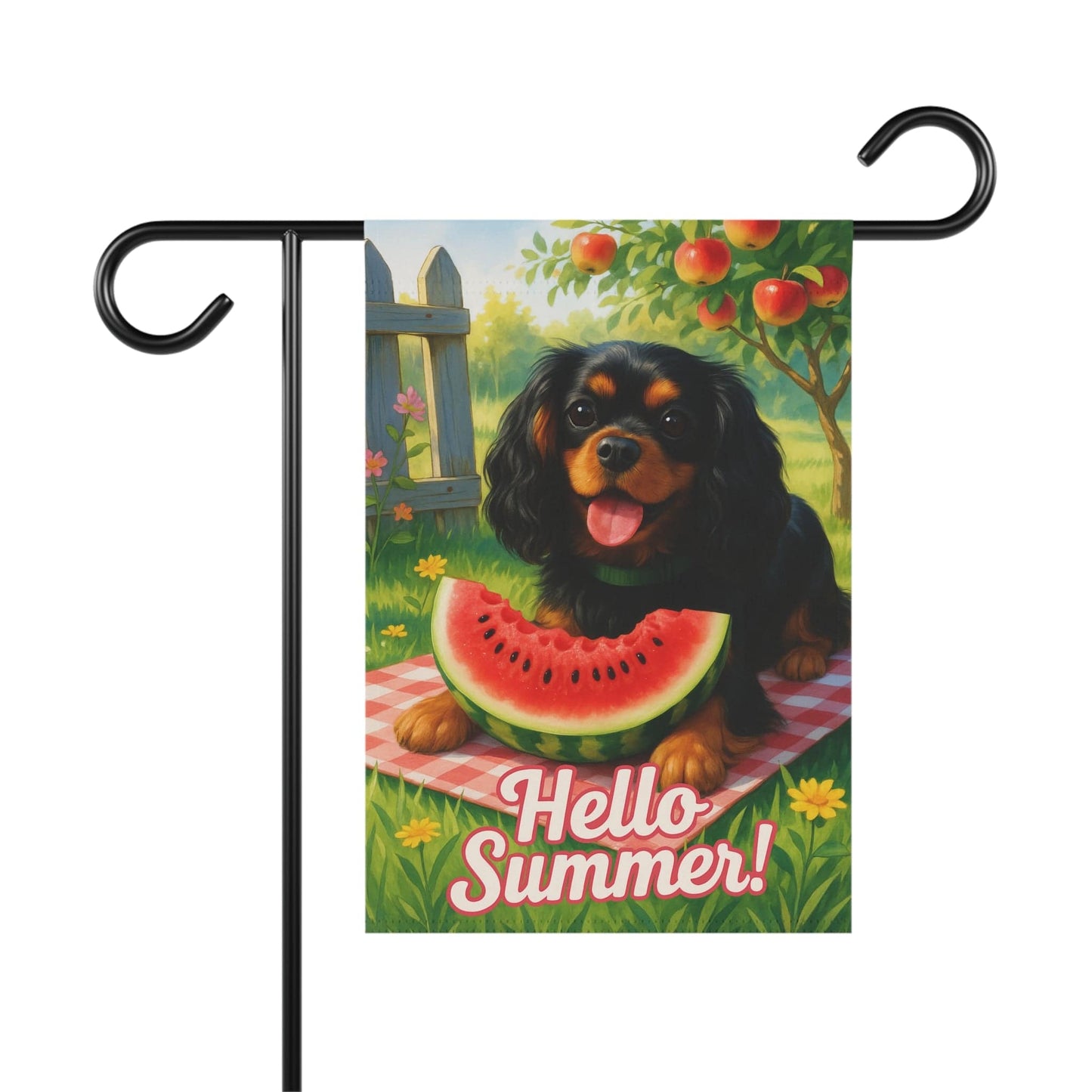 Printify Garden Flag Black and Tan King Charles Cavalier Watermelon Garden Flag