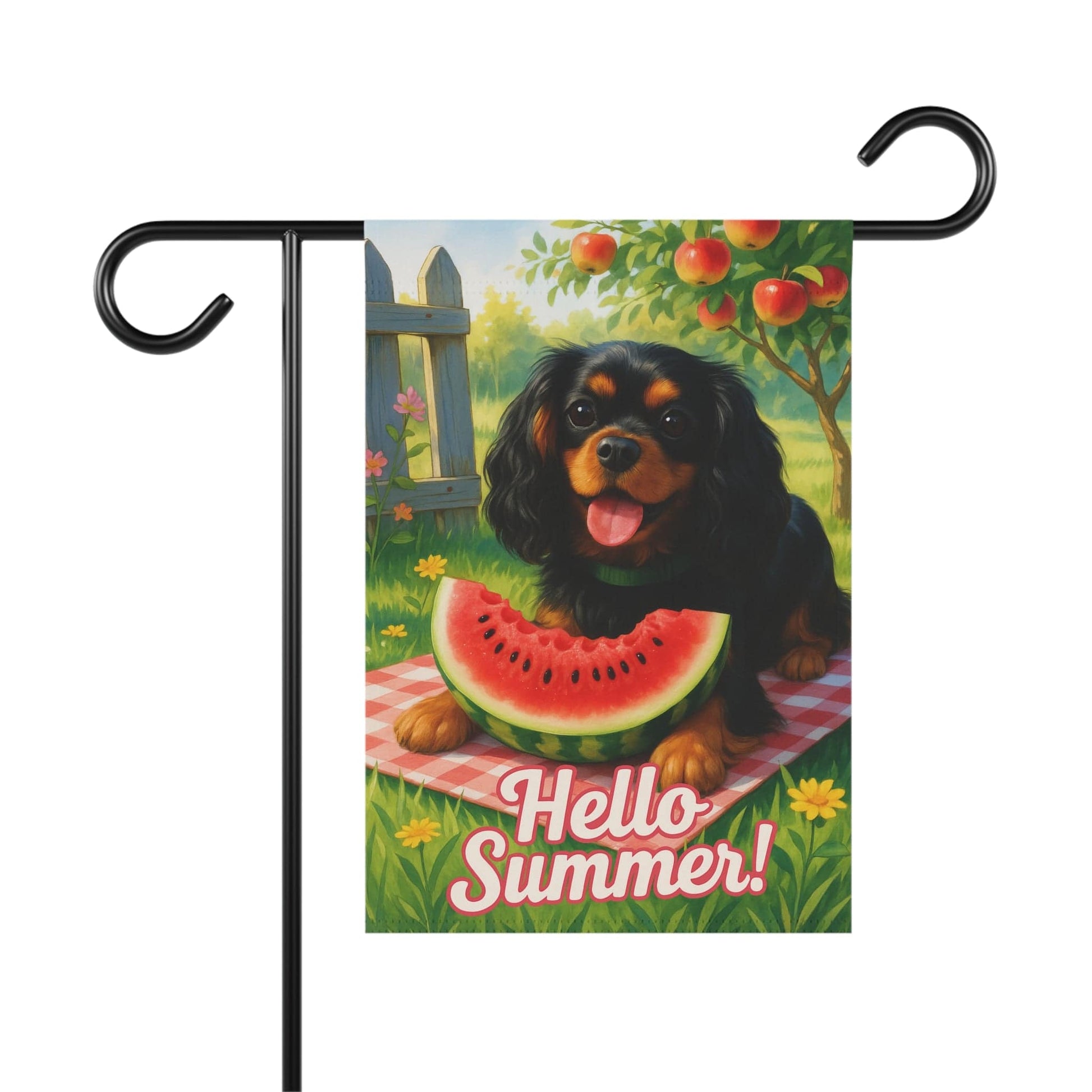 Printify Garden Flag Black and Tan King Charles Cavalier Watermelon Garden Flag