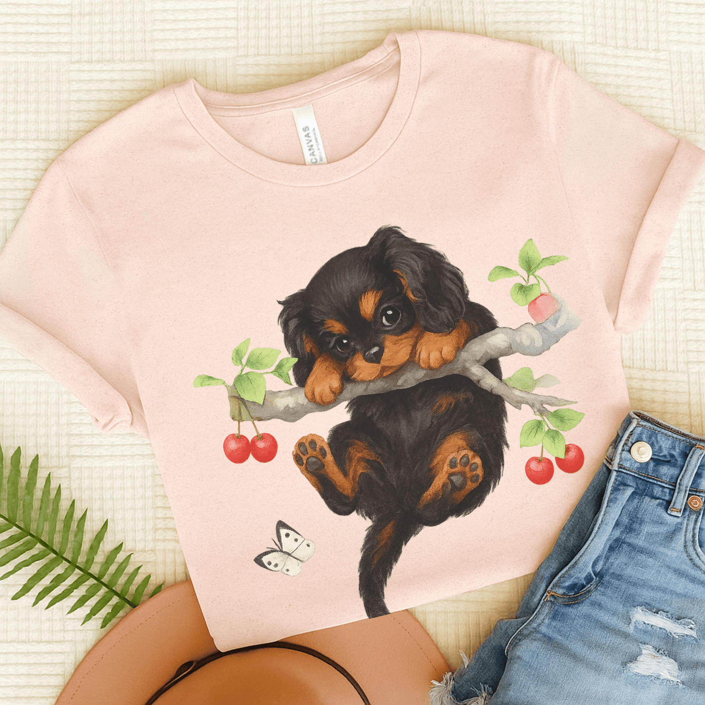 Printify T-Shirt Soft Pink / S Black and Tan King Charles Hang In There Tshirt