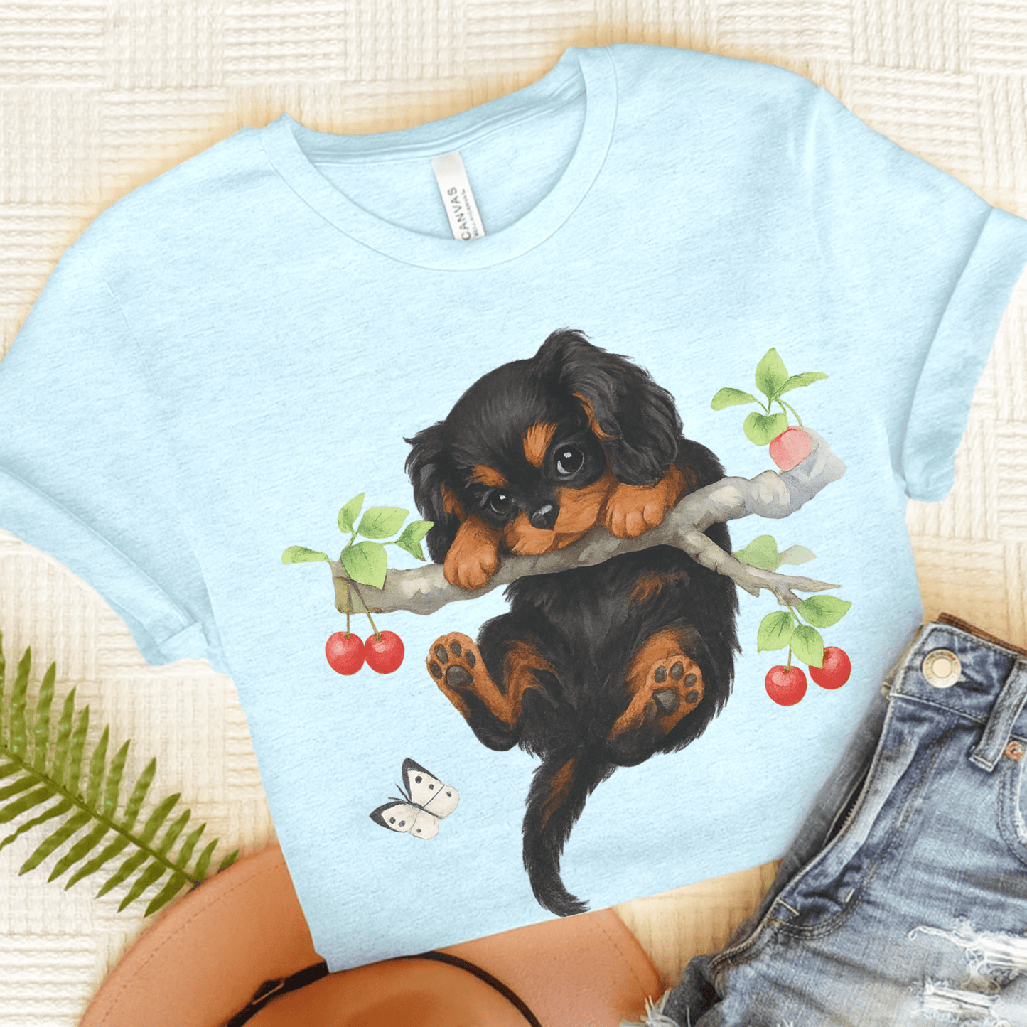 Printify T-Shirt Heather Ice Blue / S Black and Tan King Charles Hang In There Tshirt