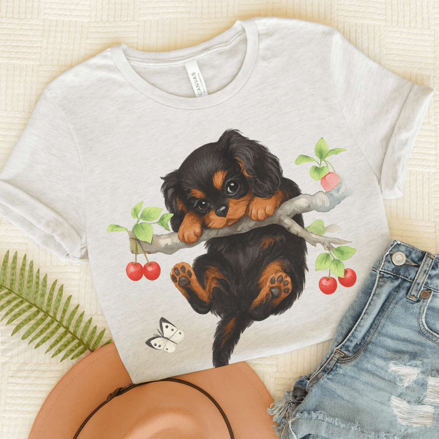Printify T-Shirt Ash / S Black and Tan King Charles Hang In There Tshirt