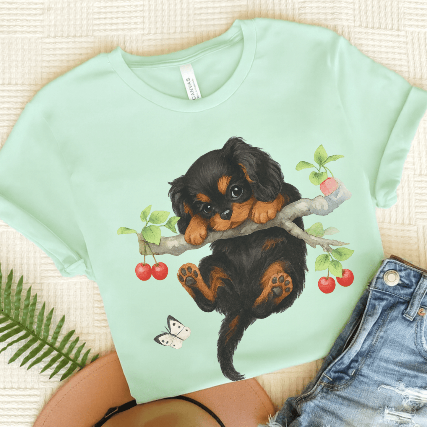 Printify T-Shirt Heather Mint / S Black and Tan King Charles Hang In There Tshirt