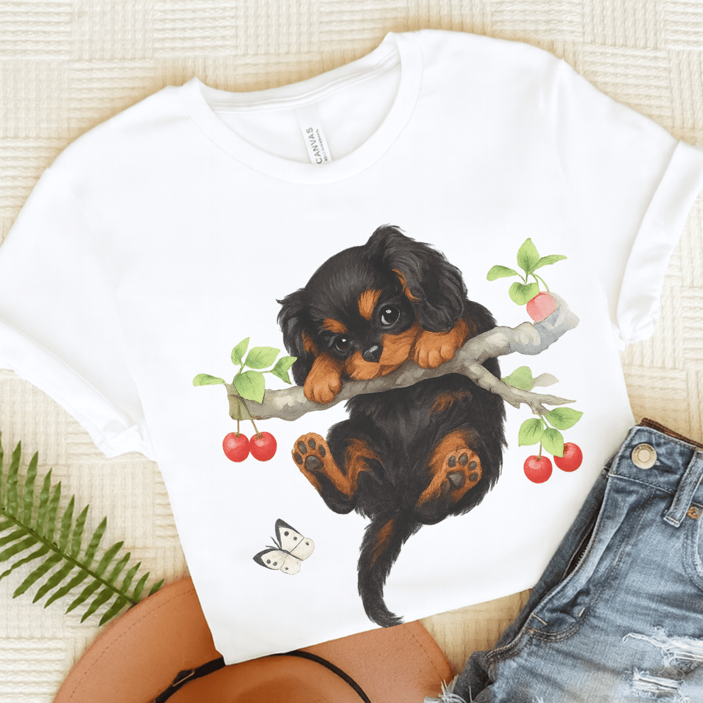 Printify T-Shirt White / S Black and Tan King Charles Hang In There Tshirt