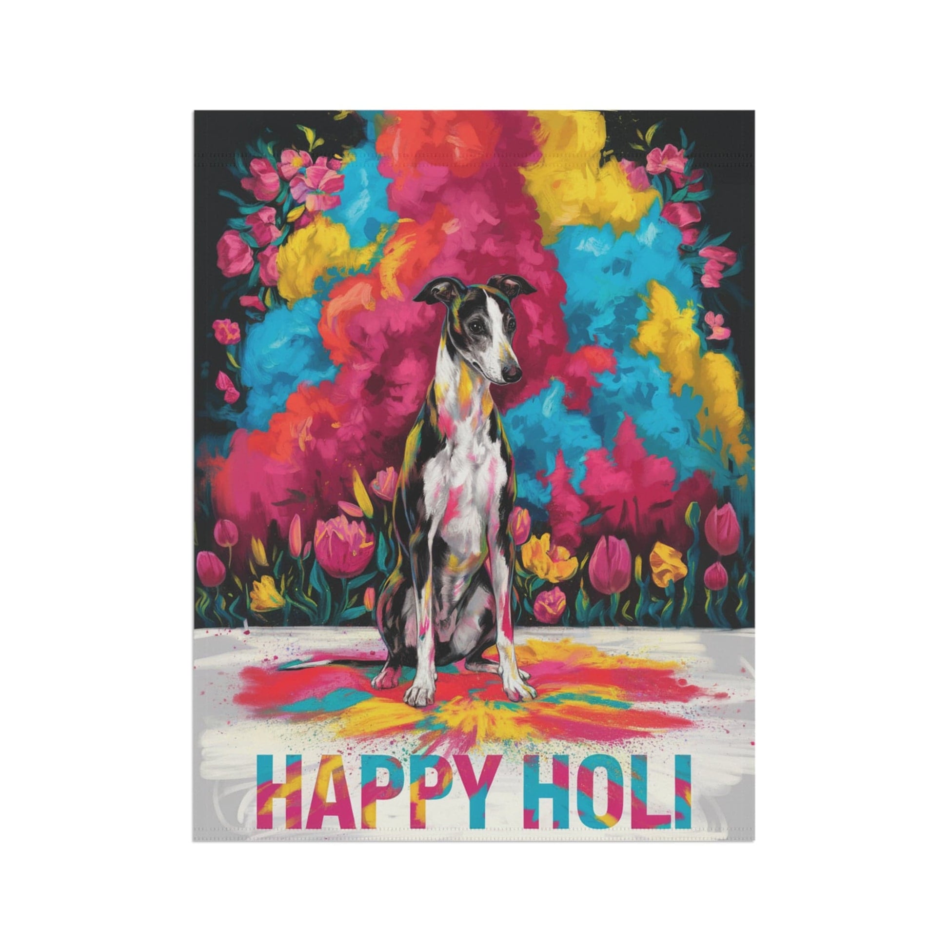 Printify Home Decor Black and White Greyhound Holi Garden Flag, Indian Spring Festival Dog Lovers Yard Outside Decor