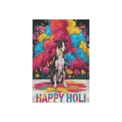 Printify Home Decor Black and White Greyhound Holi Garden Flag, Indian Spring Festival Dog Lovers Yard Outside Decor
