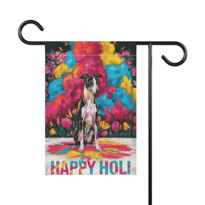 Printify Home Decor Black and White Greyhound Holi Garden Flag, Indian Spring Festival Dog Lovers Yard Outside Decor