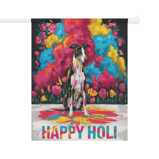 Printify Home Decor 24.5'' × 32'' Black and White Greyhound Holi Garden Flag, Indian Spring Festival Dog Lovers Yard Outside Decor