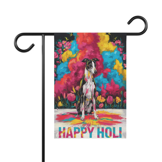 Printify Home Decor 12'' × 18'' Black and White Greyhound Holi Garden Flag, Indian Spring Festival Dog Lovers Yard Outside Decor
