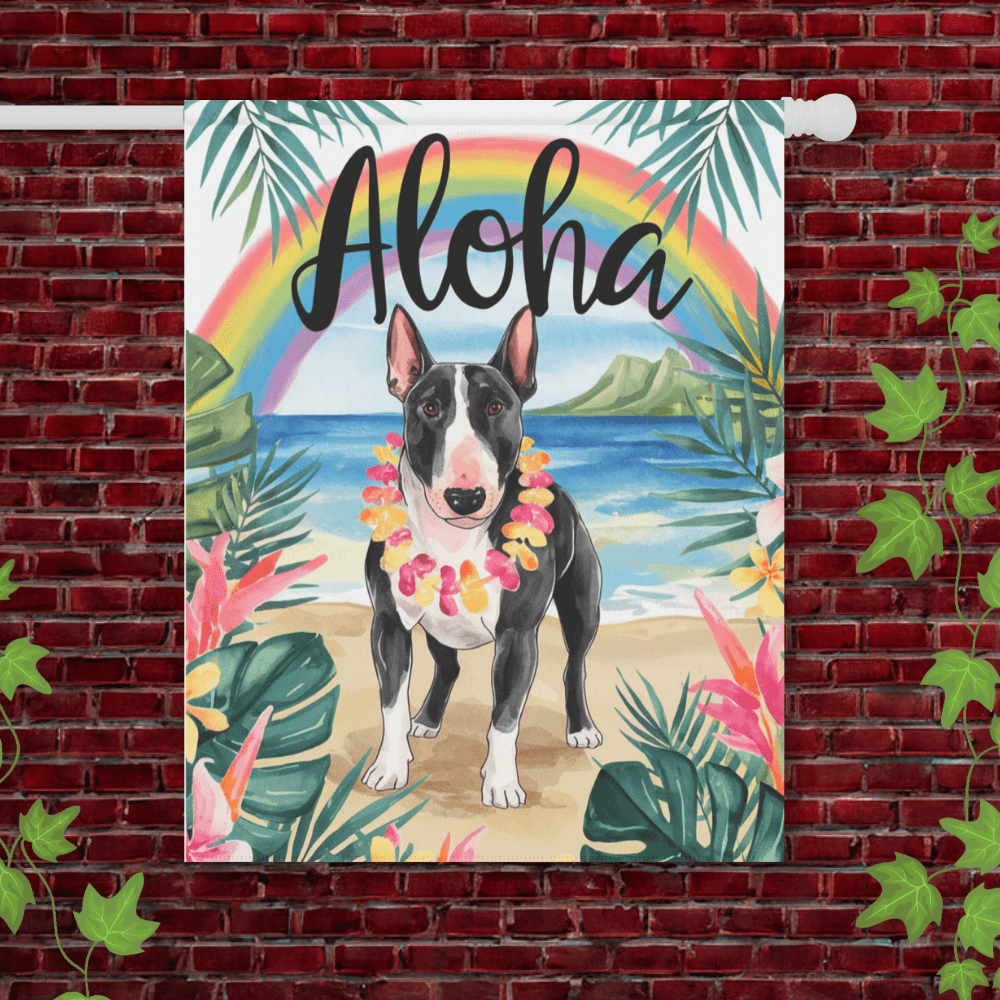 Printify Garden Flag 24.5'' × 32'' Black Bull Terrier Aloha Garden Flag