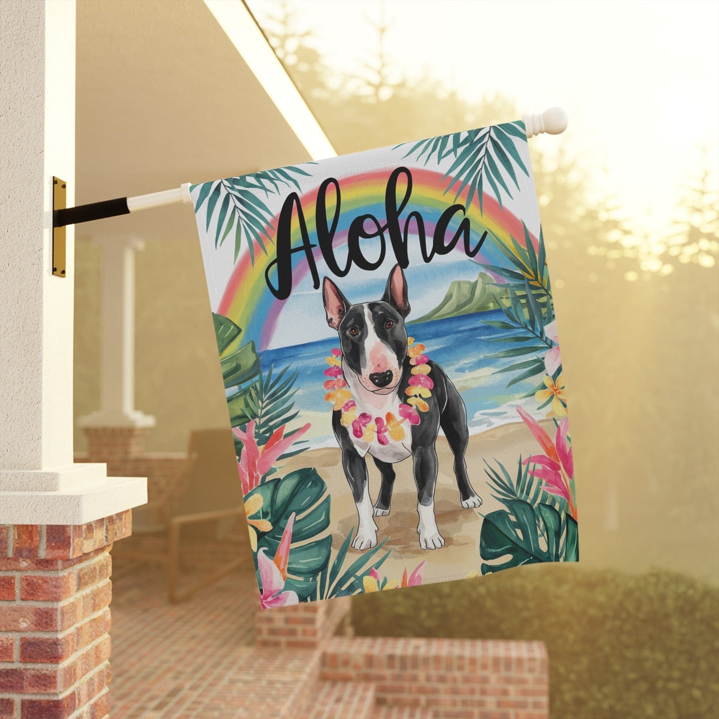 Printify Garden Flag Black Bull Terrier Aloha Garden Flag