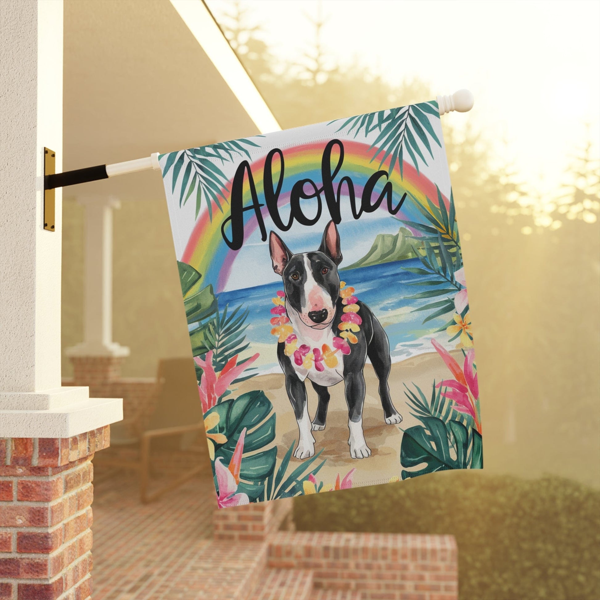 Printify Garden Flag Black Bull Terrier Aloha Garden Flag