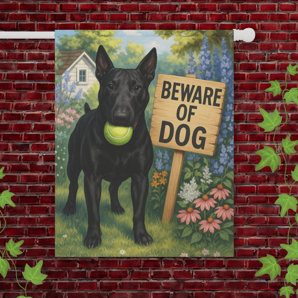 Printify Garden Flag 24.5'' × 32'' Black Bull Terrier Beware Garden Flag