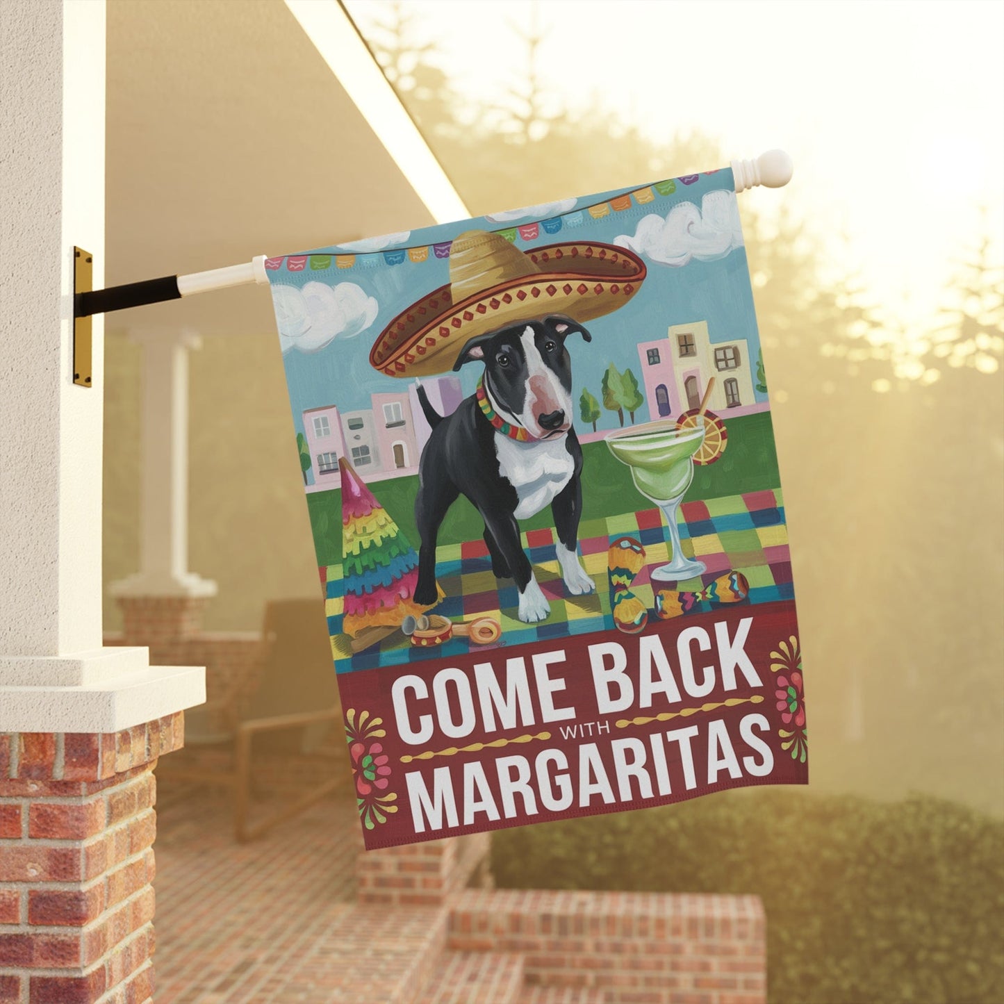 Printify Home Decor Black Bull Terrier Dog Garden Flag, Cinco de Mayo Fiesta, Margarita Drinking Decor