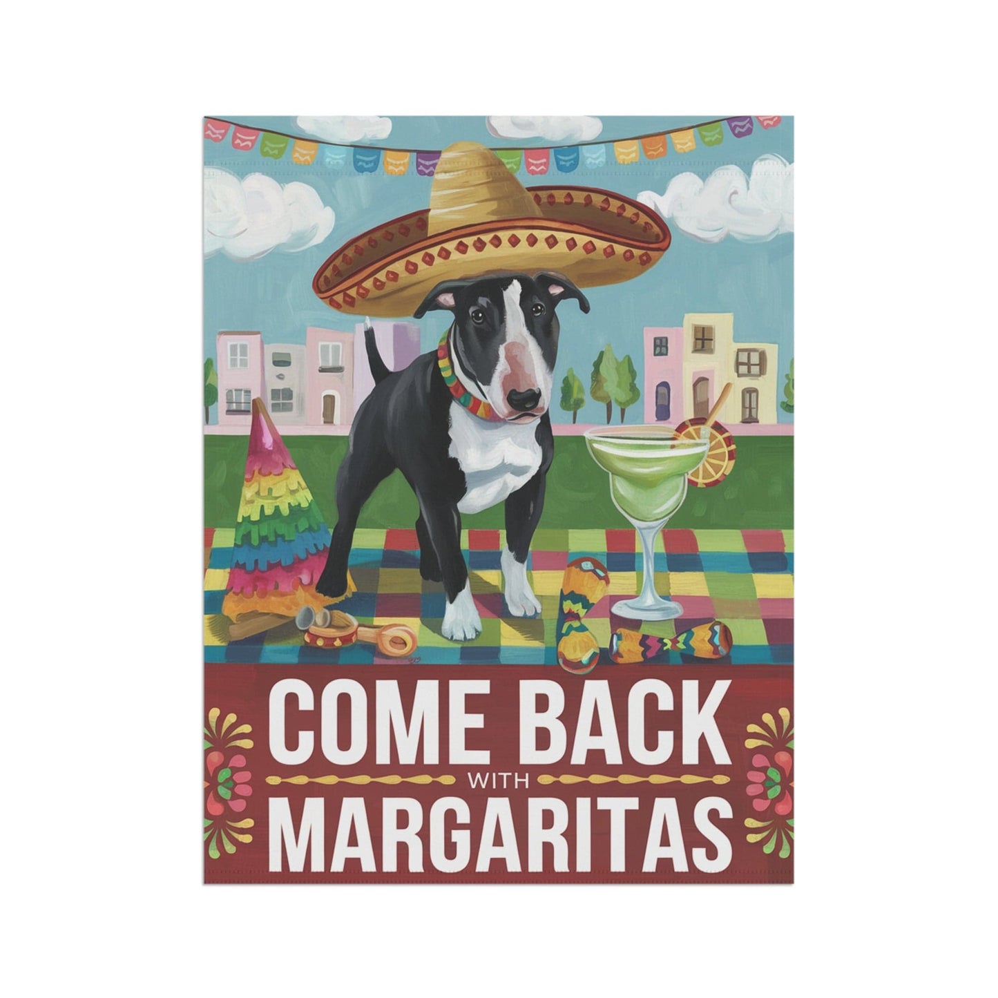 Printify Home Decor Black Bull Terrier Dog Garden Flag, Cinco de Mayo Fiesta, Margarita Drinking Decor