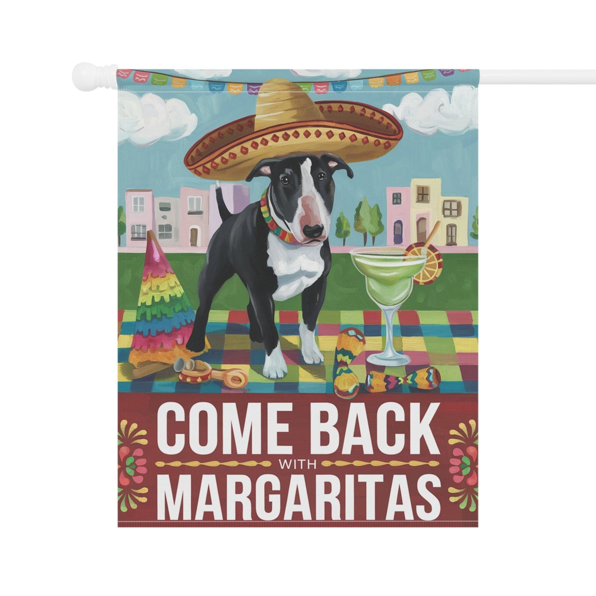 Printify Home Decor Black Bull Terrier Dog Garden Flag, Cinco de Mayo Fiesta, Margarita Drinking Decor