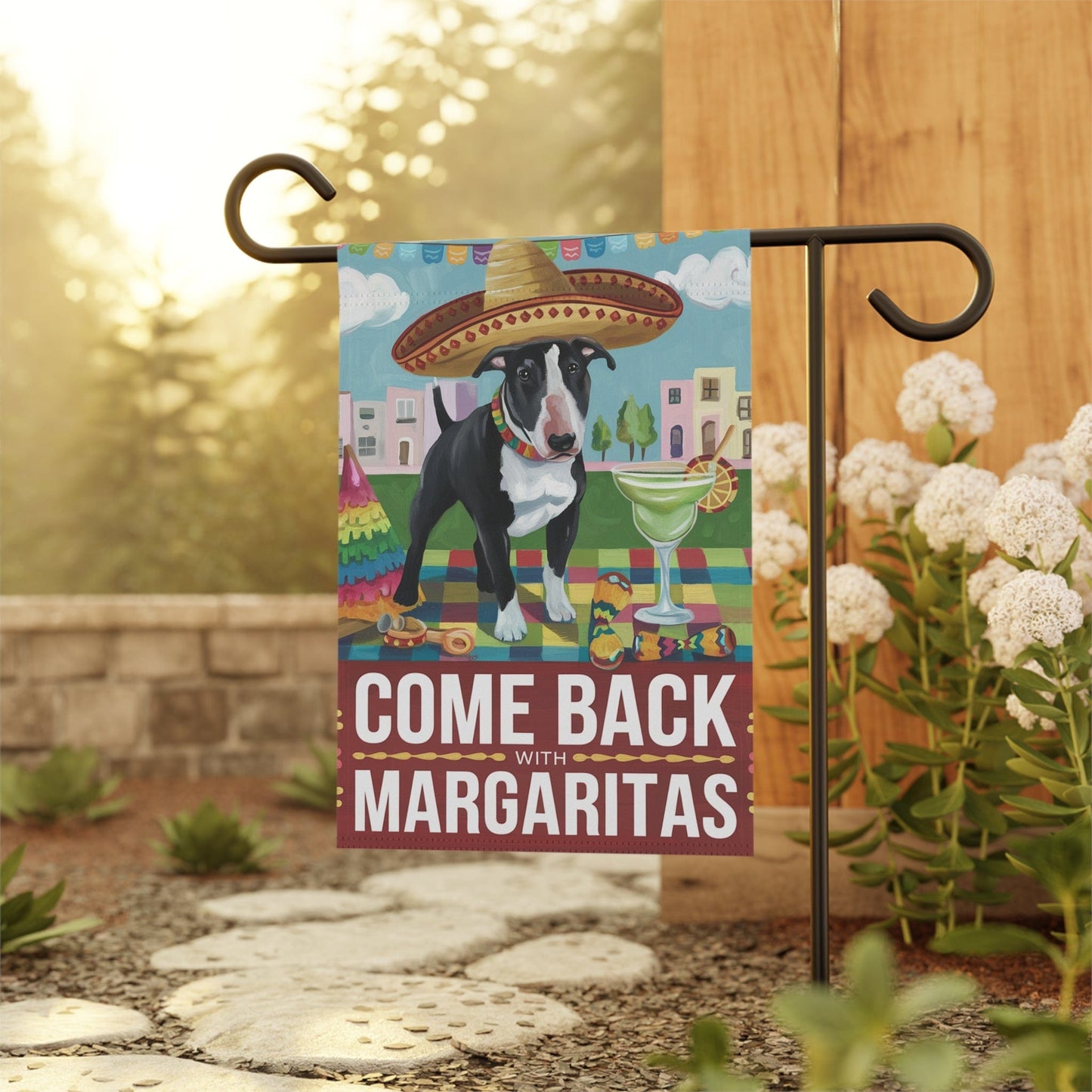 Printify Home Decor Black Bull Terrier Dog Garden Flag, Cinco de Mayo Fiesta, Margarita Drinking Decor