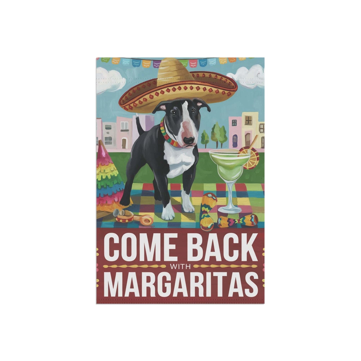 Printify Home Decor Black Bull Terrier Dog Garden Flag, Cinco de Mayo Fiesta, Margarita Drinking Decor