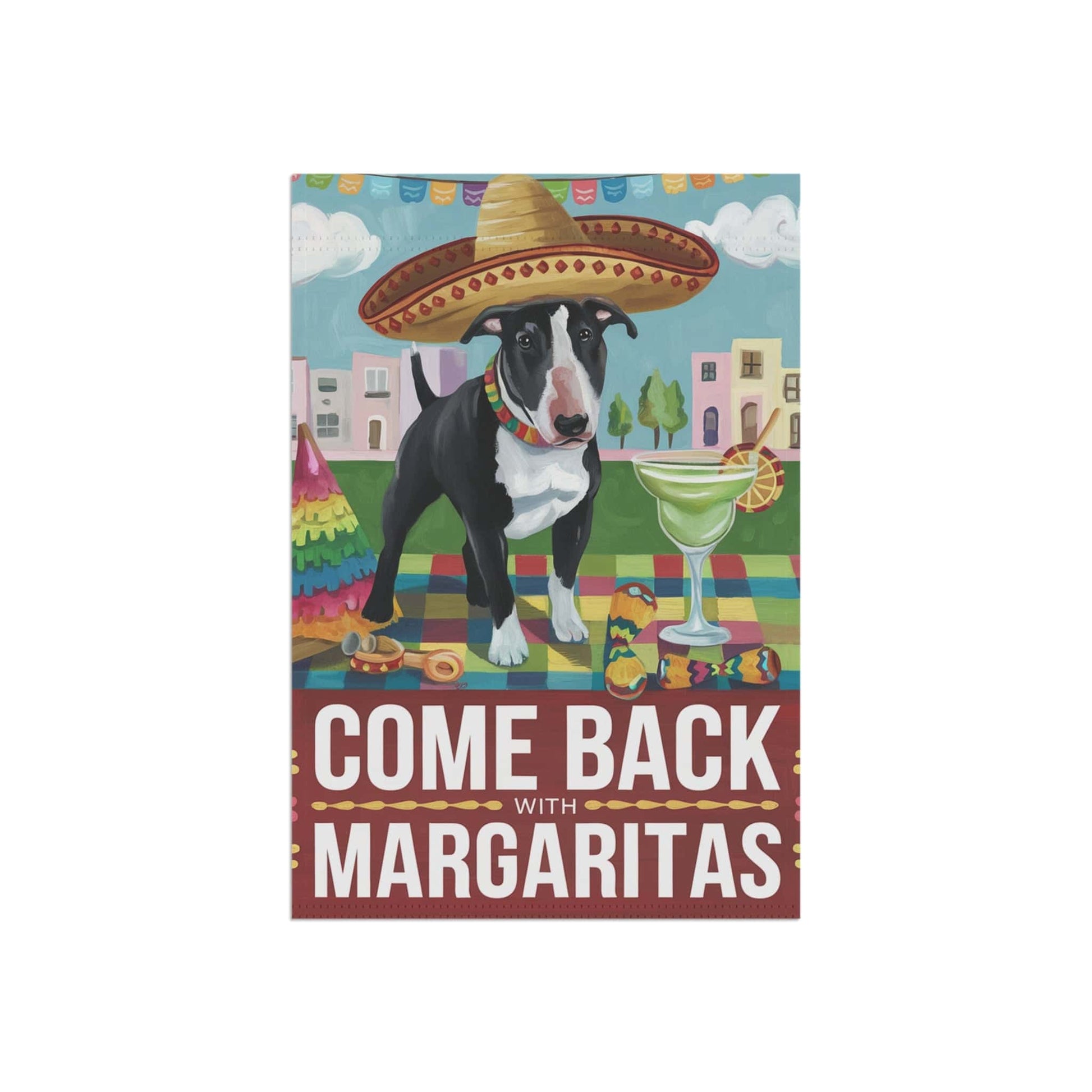 Printify Home Decor Black Bull Terrier Dog Garden Flag, Cinco de Mayo Fiesta, Margarita Drinking Decor