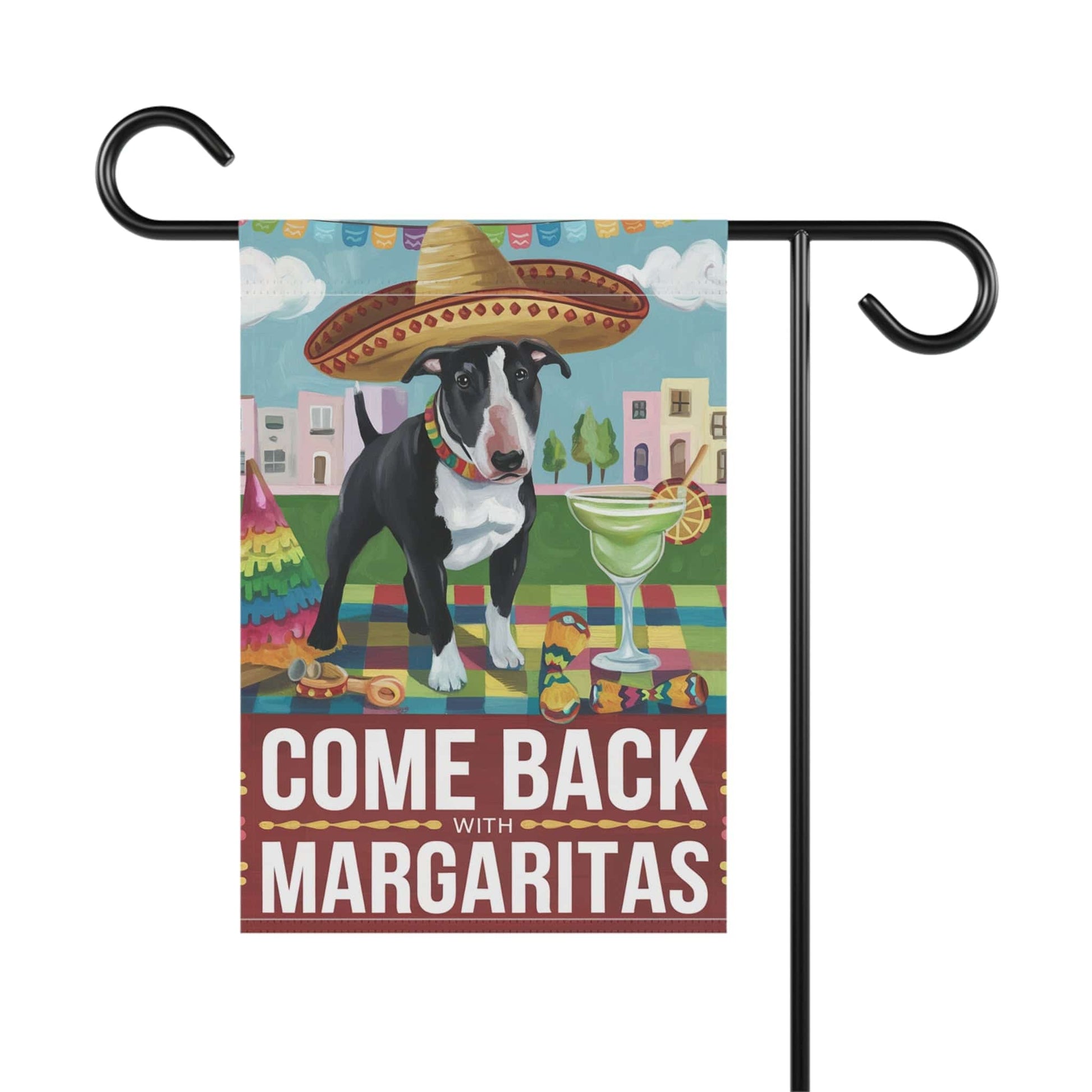 Printify Home Decor Black Bull Terrier Dog Garden Flag, Cinco de Mayo Fiesta, Margarita Drinking Decor