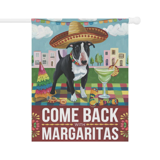Printify Home Decor 24.5'' × 32'' Black Bull Terrier Dog Garden Flag, Cinco de Mayo Fiesta, Margarita Drinking Decor