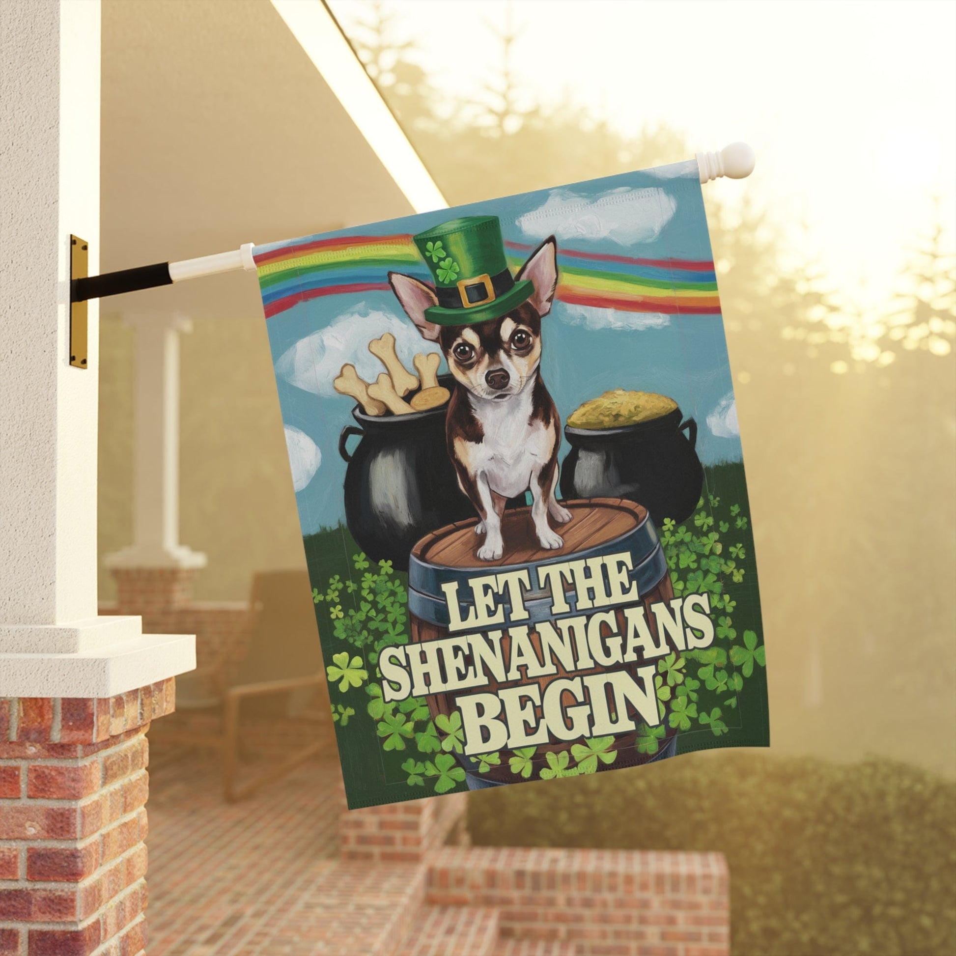 Printify Home Decor Black Chihuahua St Pattie's Day Garden Flag, Saint Patricks Funny Dog Yard Outside Decor