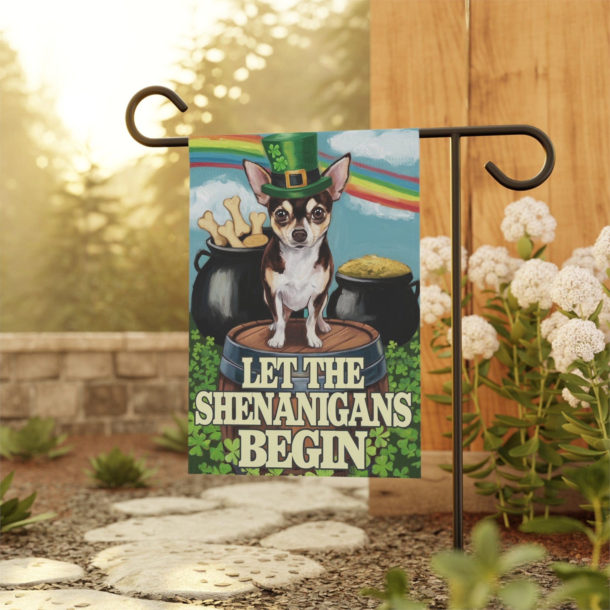 Printify Home Decor Black Chihuahua St Pattie's Day Garden Flag, Saint Patricks Funny Dog Yard Outside Decor