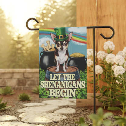 Printify Home Decor Black Chihuahua St Pattie's Day Garden Flag, Saint Patricks Funny Dog Yard Outside Decor