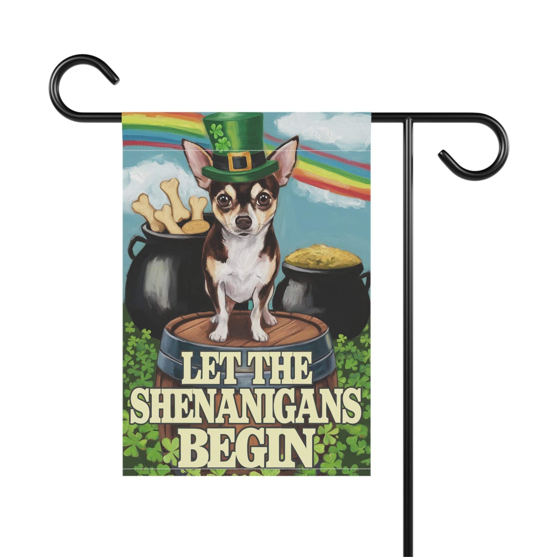 Printify Home Decor Black Chihuahua St Pattie's Day Garden Flag, Saint Patricks Funny Dog Yard Outside Decor