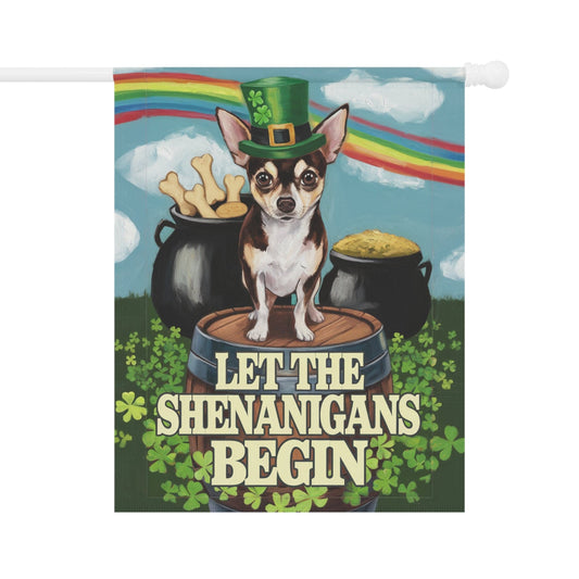 Printify Home Decor 24.5'' × 32'' Black Chihuahua St Pattie's Day Garden Flag, Saint Patricks Funny Dog Yard Outside Decor