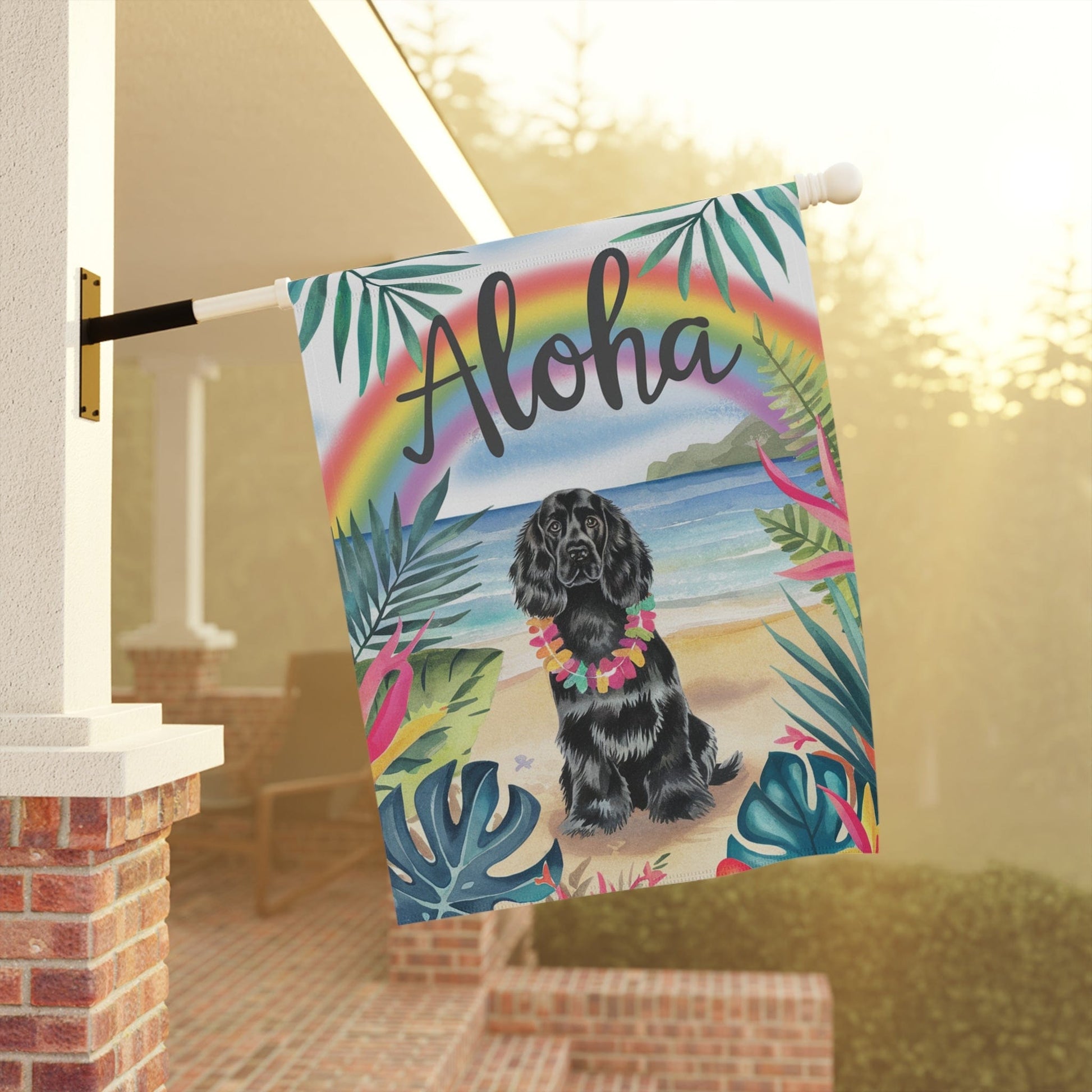 Printify Garden Flag Black Cocker Spaniel Aloha Luau Garden Flag