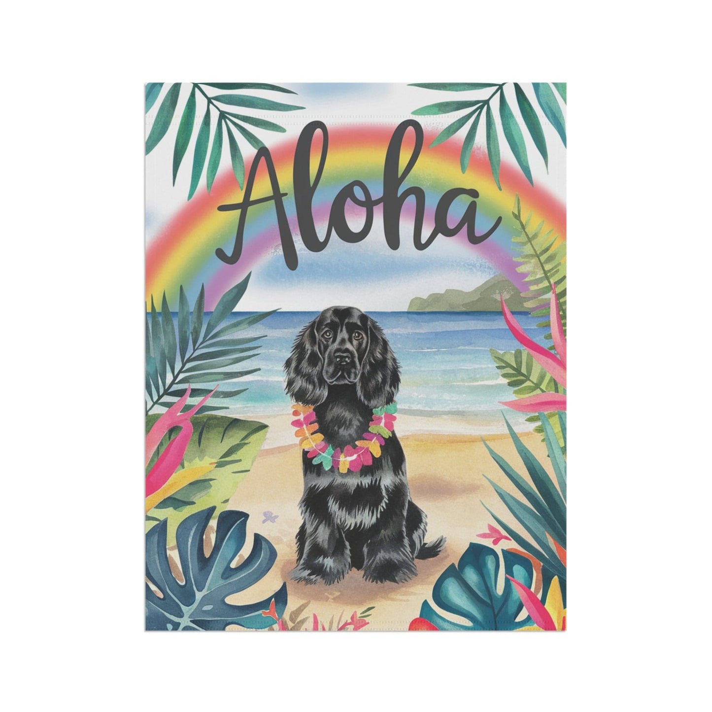 Printify Garden Flag Black Cocker Spaniel Aloha Luau Garden Flag