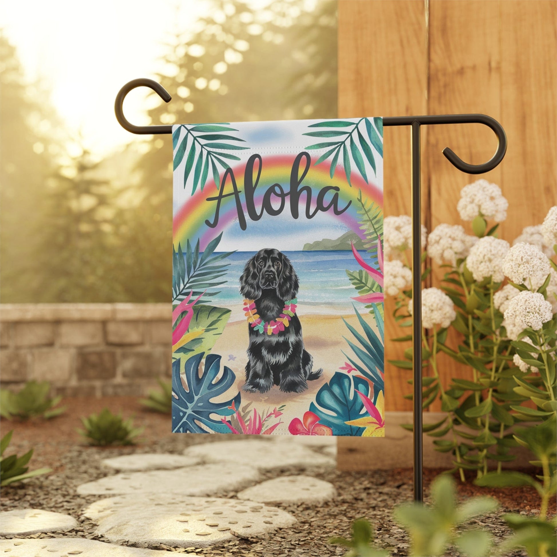 Printify Garden Flag Black Cocker Spaniel Aloha Luau Garden Flag